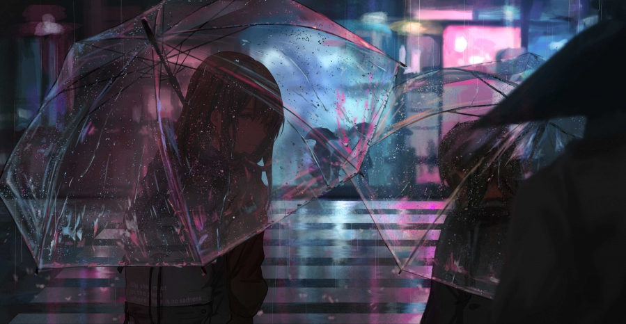 雨天 城市夜景 女子 雨伞 4k高清动漫壁纸.jpg